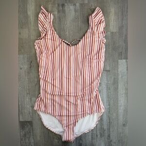 Janela Bay Women’s XL Striped One Piece Swim Suit Ruffle Shoulder NWOT
